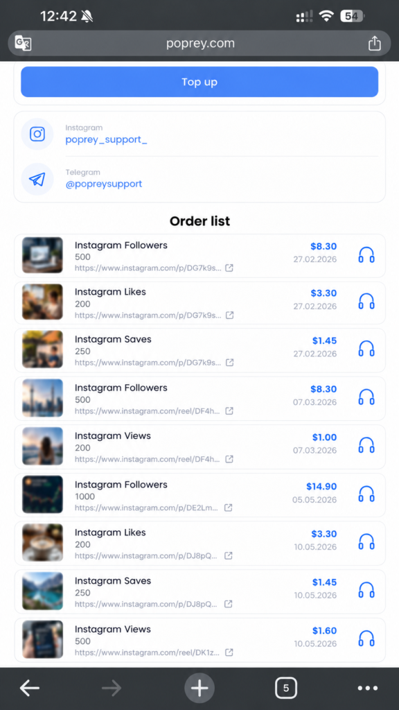 Poprey order history showing Instagram followers, likes, views, saves, reach and impressions purchased during the test