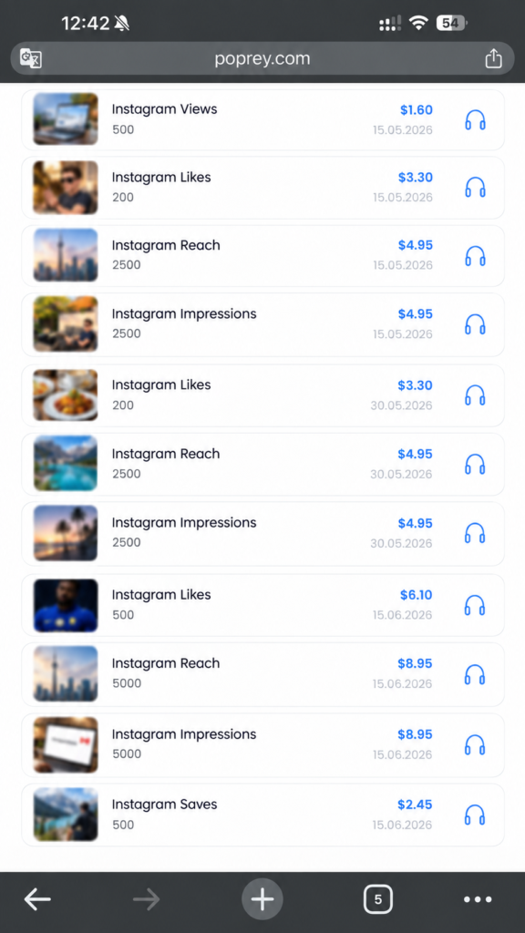Poprey order history showing Instagram followers, likes, views, saves, reach and impressions purchased during the test