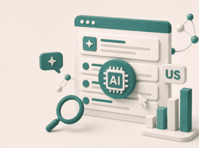 AI search and SEO analytics illustration with search results, an AI chip, and a US market symbol