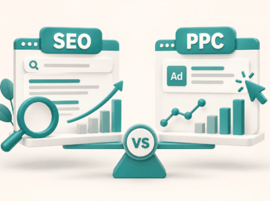 SEO vs PPC statistics comparison with organic and paid search analytics charts