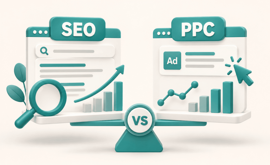 SEO vs PPC statistics comparison with organic and paid search analytics charts